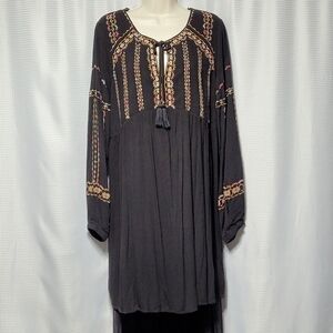 NWT Knox Rose Black & Embroidered Tasseled Flowy Long Sleeve Top Women's L
